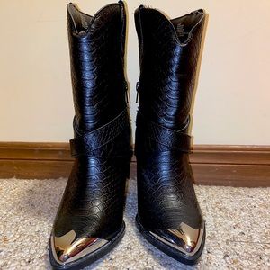 Black vegan leather cowboy boots with silver tips